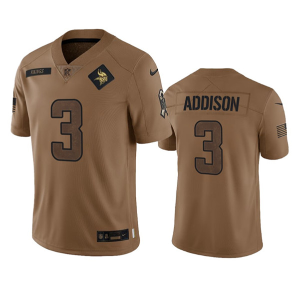 Men's Minnesota Vikings #3 Jordan Addison 2023 Brown Salute To Service Limited Football Stitched Jersey - Jersey