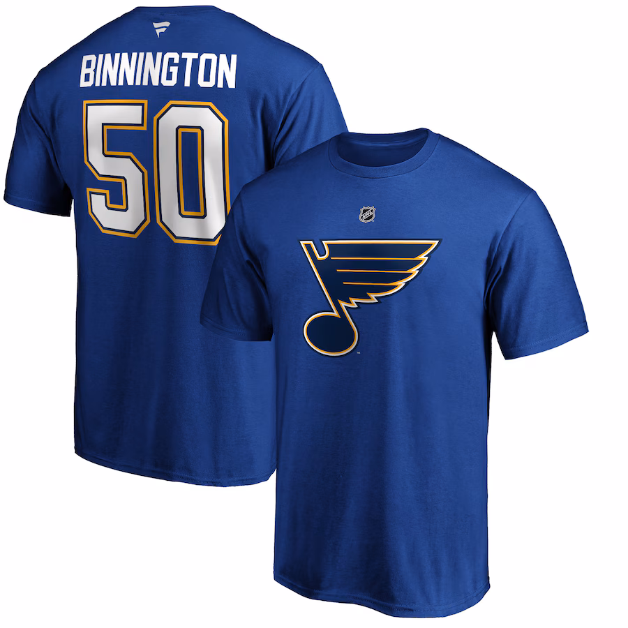 Men's St. Louis Blues Jordan Binnington Fanatics Blue Team Authentic Stack Name & Number T-Shirt - Jersey