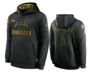 Men's Los Angeles Chargers #10 Justin Herbert Black 2020 Salute To Service Sideline Performance Pullover Hoodie - Jersey