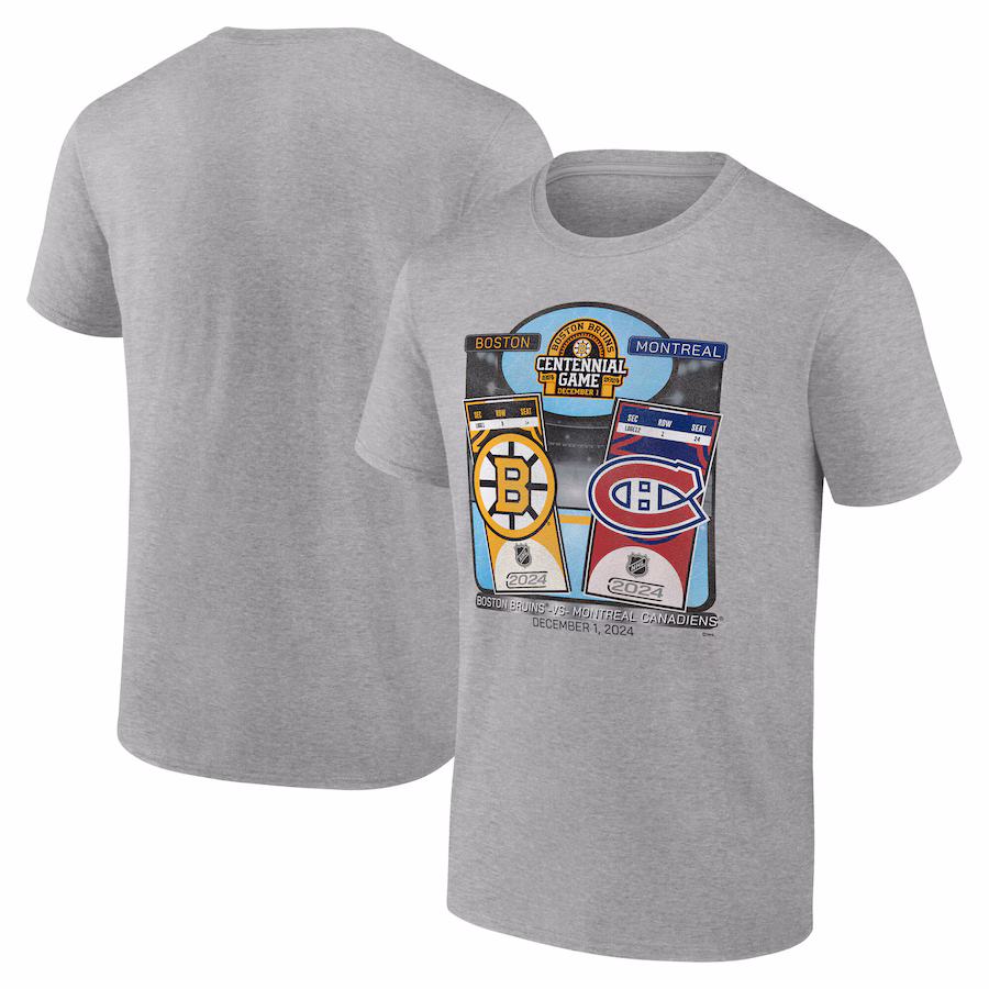 Men's Boston Bruins vs. Montreal Canadiens Heather Gray Centennial Game Matchup T-Shirt - Jersey