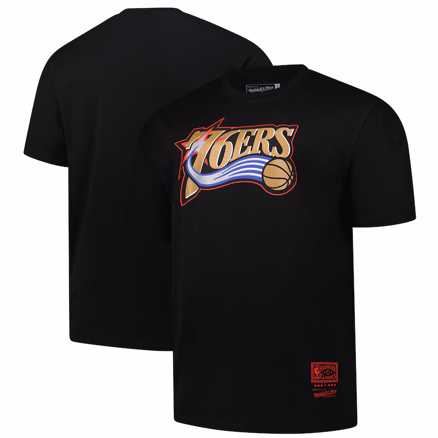 Men's Philadelphia 76ers Mitchell & Ness Black Big & Tall Hardwood Classics Vintage Logo T-Shirt - Jersey
