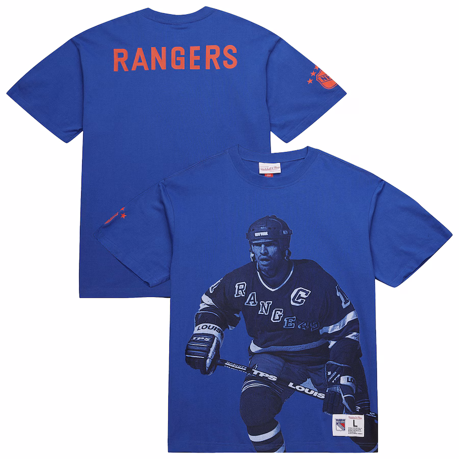Men's New York Rangers Mark Messier Mitchell & Ness Blue NHL Ultimate Player Vintage Logo T-Shirt - Jersey