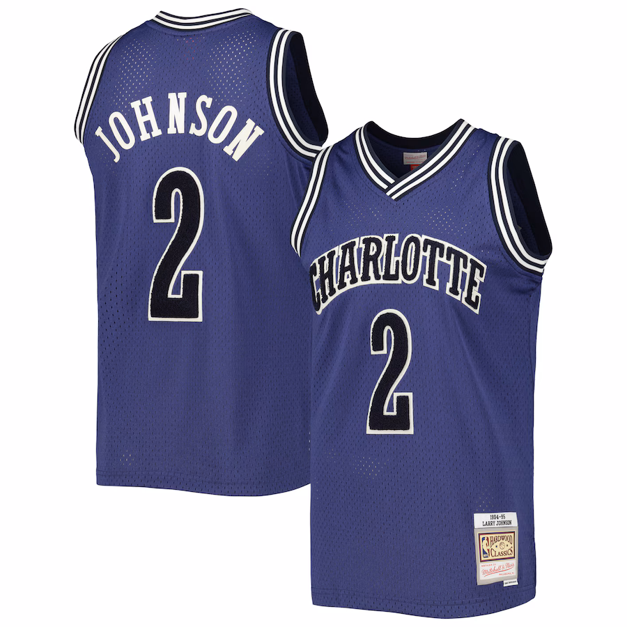 Men's Charlotte Hornets Larry Johnson Mitchell & Ness Purple 1994/95 Hardwood Classics Off-Court Swingman Jersey - Jersey