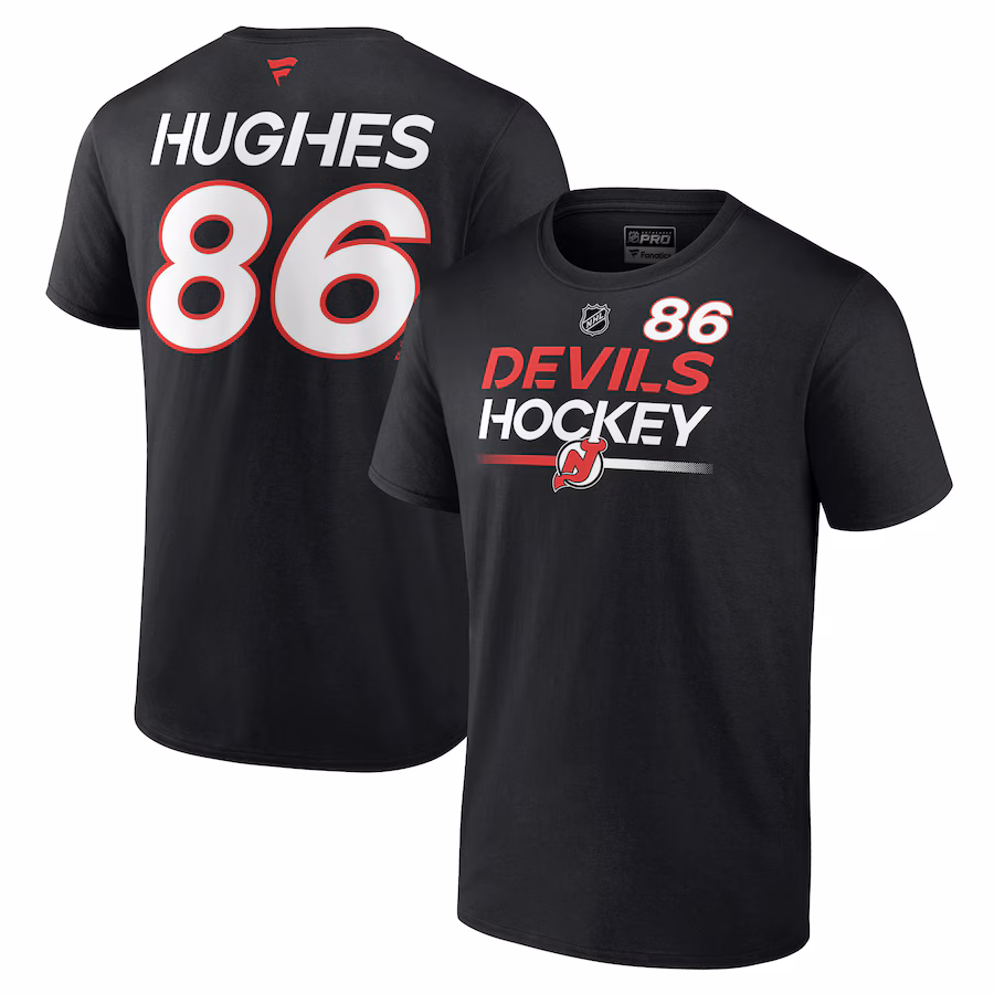 Men's New Jersey Devils Jack Hughes Fanatics Black Authentic Pro Prime Name & Number T-Shirt - Jersey
