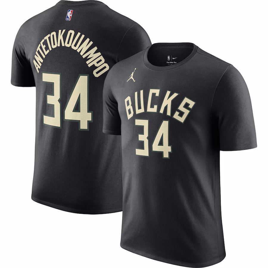 Men's Milwaukee Bucks Giannis Antetokounmpo Jordan Brand Black 2022/23 Statement Edition Name & Number T-Shirt - Jersey