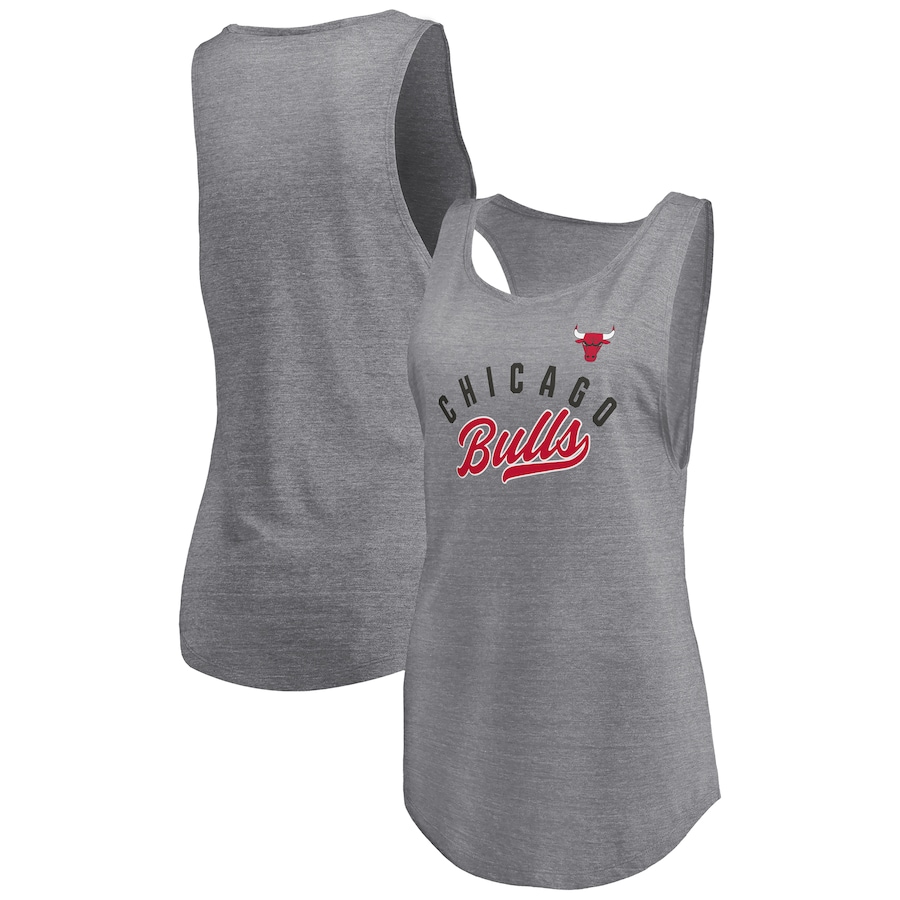 Women's Chicago Bulls Fanatics Heathered Gray Quality Time Open Scoop Neck Tri-Blend Tank Top - Jersey
