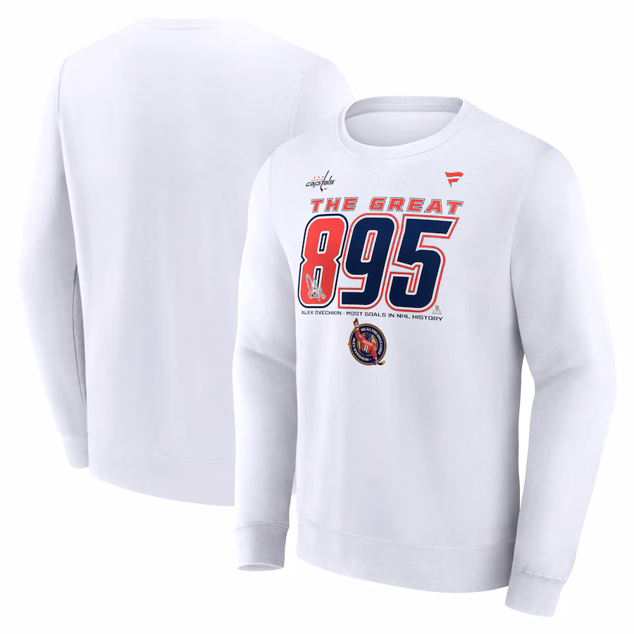 Men's Washington Capitals Alexander Ovechkin Fanatics White NHL All-Time Leading Goal Scorer The Great 895 Fleece Pullover Sweatshirt - Jersey