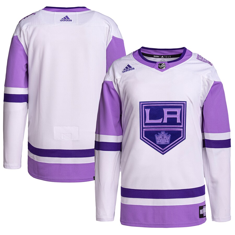 Men's Los Angeles Kings adidas White/Purple Hockey Fights Cancer Primegreen Authentic Blank Practice Jersey - Jersey