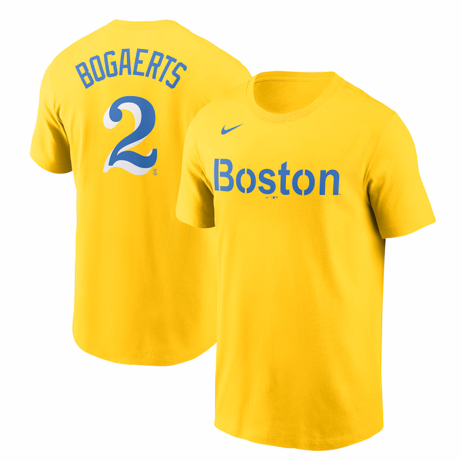 Men's Boston Red Sox Xander Bogaerts Nike Gold City Connect Name & Number T-Shirt - Jersey