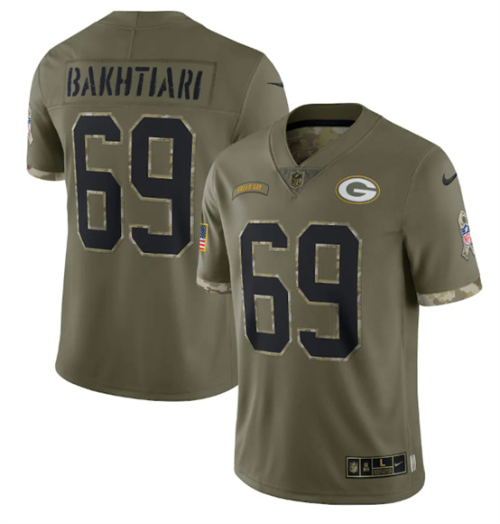 Men's Green Bay Packers #69 David Bakhtiari 2022 Olive Salute To Service Limited Stitched Jersey - Jersey