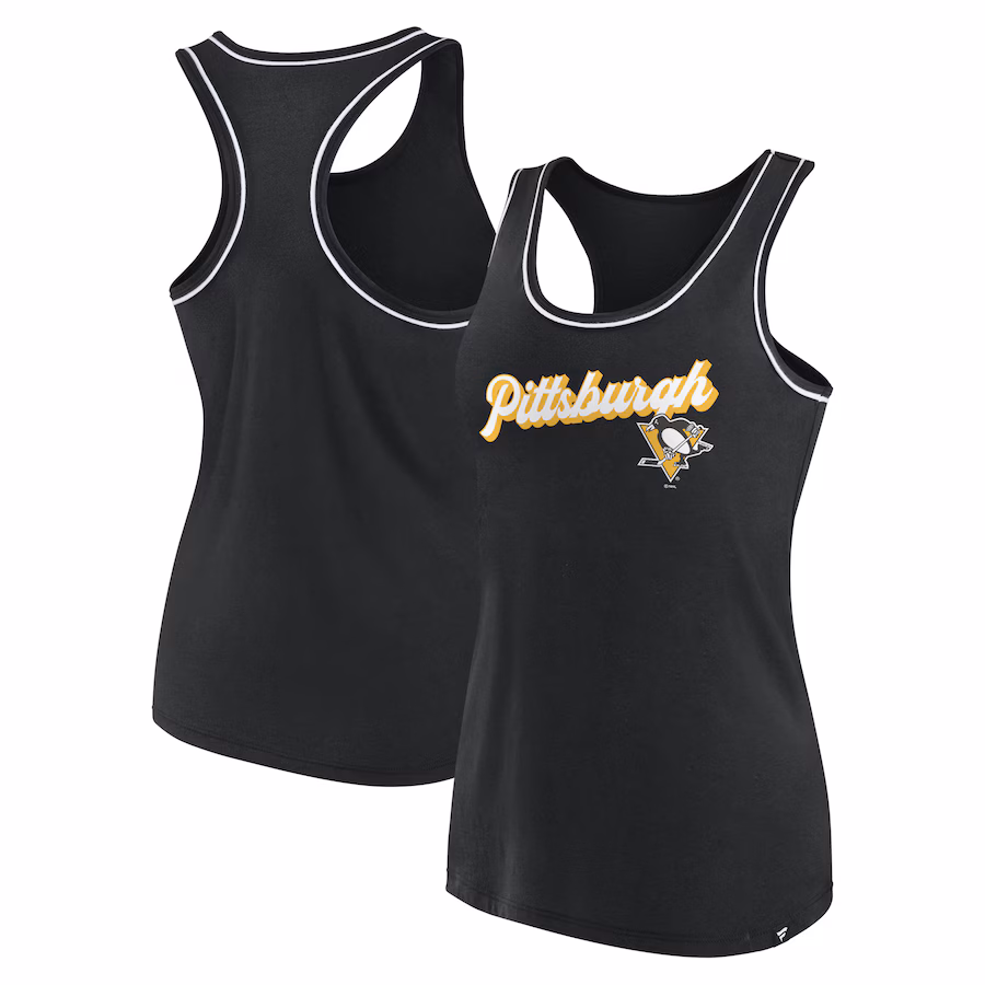 Women's Pittsburgh Penguins Fanatics Black Wordmark Logo Racerback Scoop Neck Tank Top - Jersey