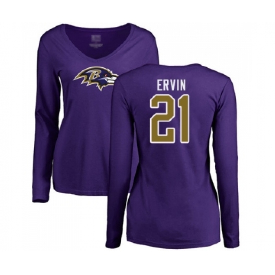 Football Women's Baltimore Ravens #21 Tyler Ervin Purple Name & Number Logo Long Sleeve T-Shirt - Jersey