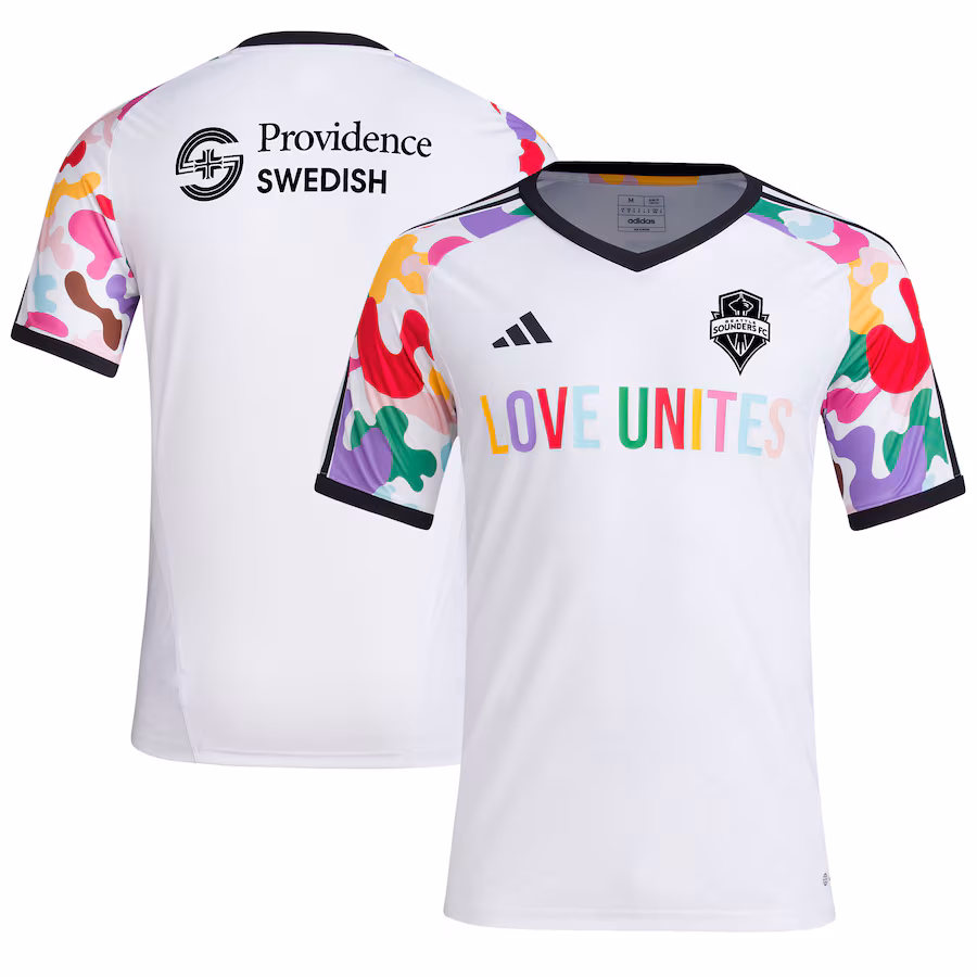 Men's Seattle Sounders FC  adidas White 2023 Pride Pre-Match Top - Jersey