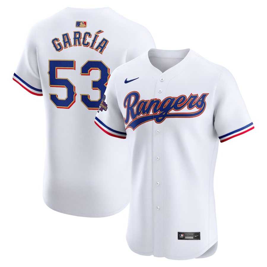 Men's Texas Rangers Adolis Garcia Nike White 2024 Gold Collection Elite Player Jersey - Jersey
