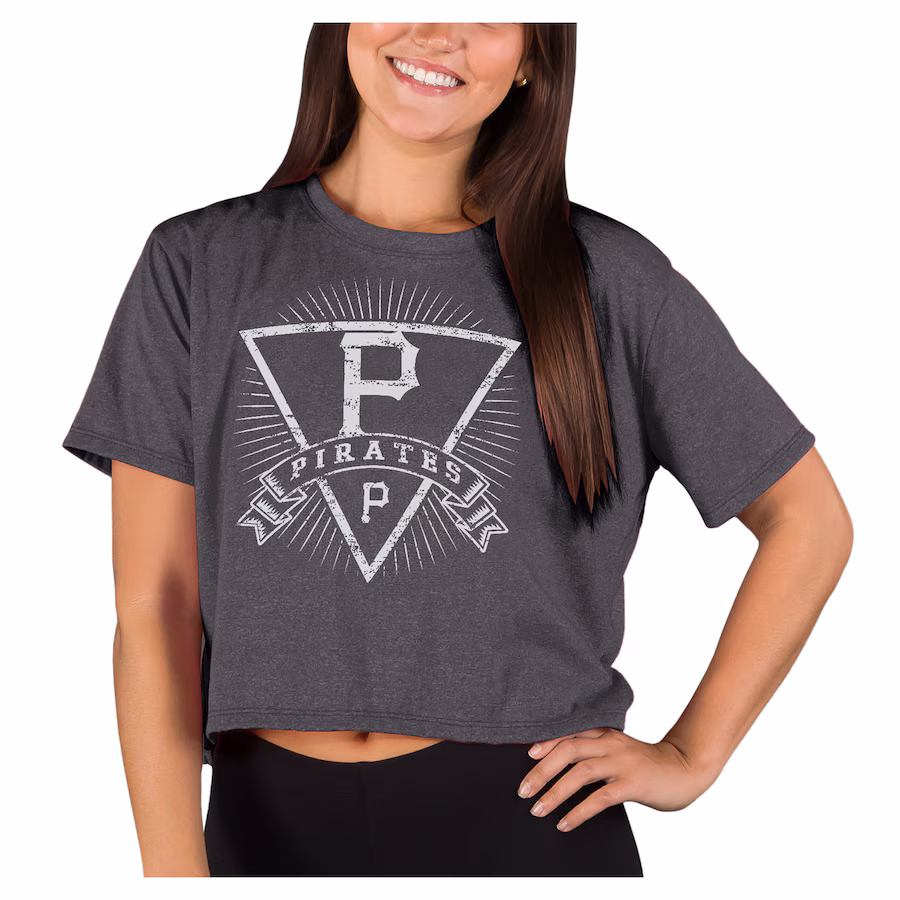 Women's Pittsburgh Pirates Concepts Sport Heather Charcoal Distressed Quest Boxy Cropped T-Shirt - Jersey