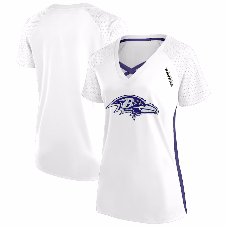 Women's Baltimore Ravens Fanatics White Plus Size Glitter Lace-Up V- Neck T-Shirt - Jersey