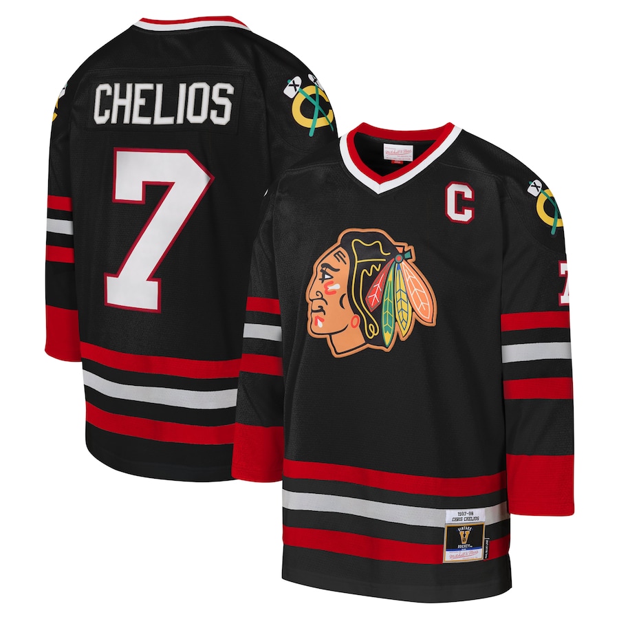 Youth Chicago Blackhawks Chris Chelios Mitchell & Ness Black 1997-98 Blue Line Captain Patch Player Jersey - Jersey