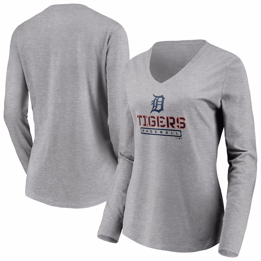 Women's Detroit Tigers Gray Evanston Stencil Long Sleeve V-Neck T-Shirt - Jersey