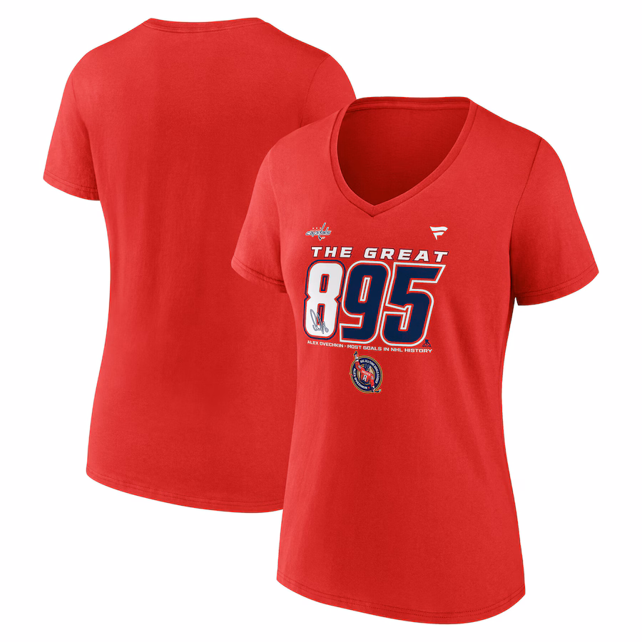 Women's Washington Capitals Alexander Ovechkin Fanatics Athletic Red NHL All-Time Leading Goal Scorer The Great 895 V-Neck T-Shirt - Jersey