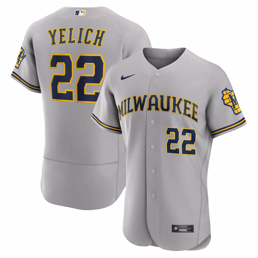 Men's Milwaukee Brewers Christian Yelich Nike Gray Road Authentic Player Logo Jersey - Jersey