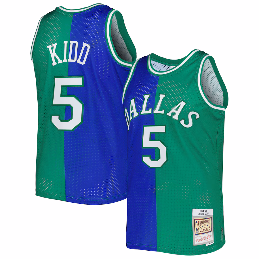Men's Dallas Mavericks Jason Kidd Mitchell & Ness Blue/Green Hardwood Classics 1994/95 Split Swingman Jersey - Jersey