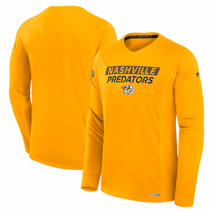 Men's Nashville Predators Fanatics Gold Authentic Pro Rink Tech Long Sleeve T-Shirt - Jersey