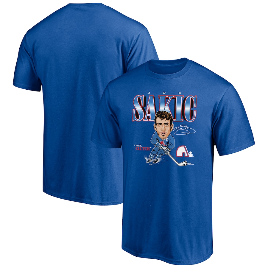 Men's Quebec Nordiques Joe Sakic Blue Player Caricature T-Shirt - Jersey