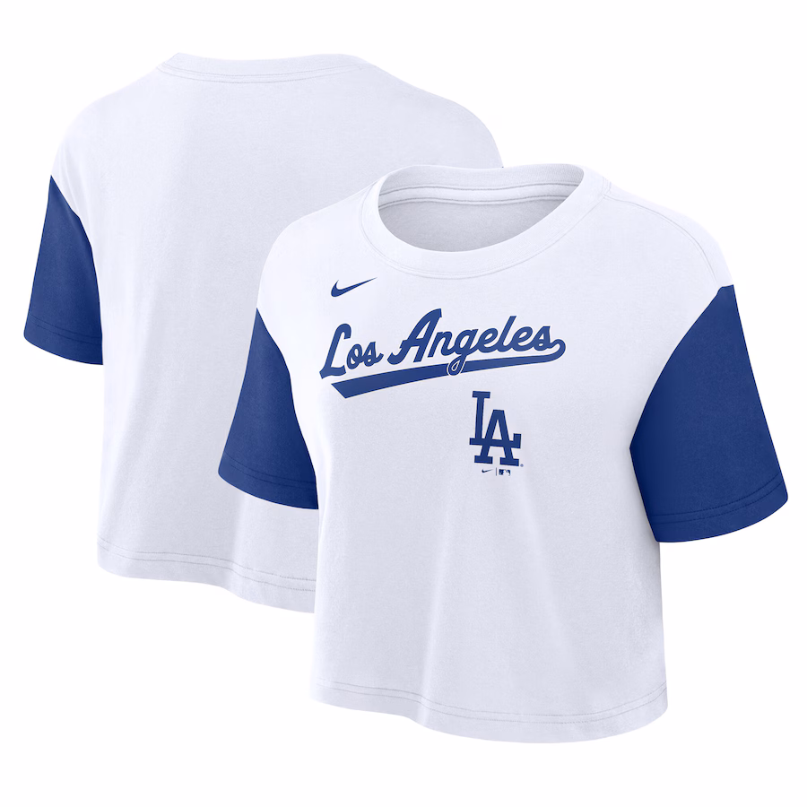 Women's Los Angeles Dodgers Nike White/Royal Script Cropped Performance T-Shirt - Jersey