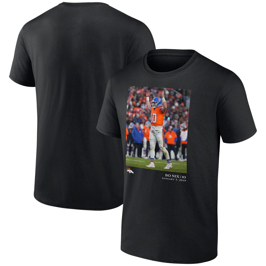 Men's Denver Broncos Bo Nix Black  NFL Flash Features Week 18 T-Shirt - Jersey