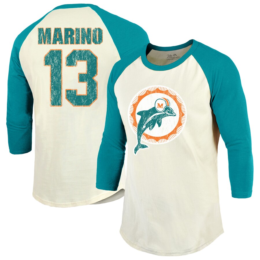 Men's Miami Dolphins Dan Marino Majestic Threads Cream/Aqua  Retired Player Name & Number 3/4 Raglan Sleeve T-Shirt - Jersey