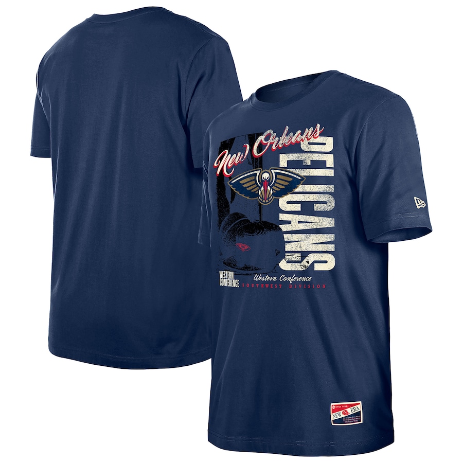 Men's New Orleans Pelicans  New Era Navy Distressed Throwback Vintage Color Pack T-Shirt - Jersey