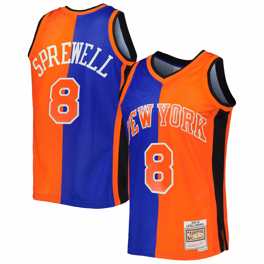 Men's New York Knicks Latrell Sprewell Mitchell & Ness Blue/Orange Hardwood Classics 1998/99 Split Swingman Jersey - Jersey