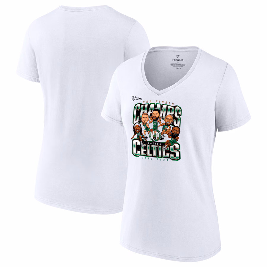 Women's Boston Celtics Fanatics White 2024 NBA Finals Champions Pull Up Jumper Caricature V-Neck T-Shirt - Jersey