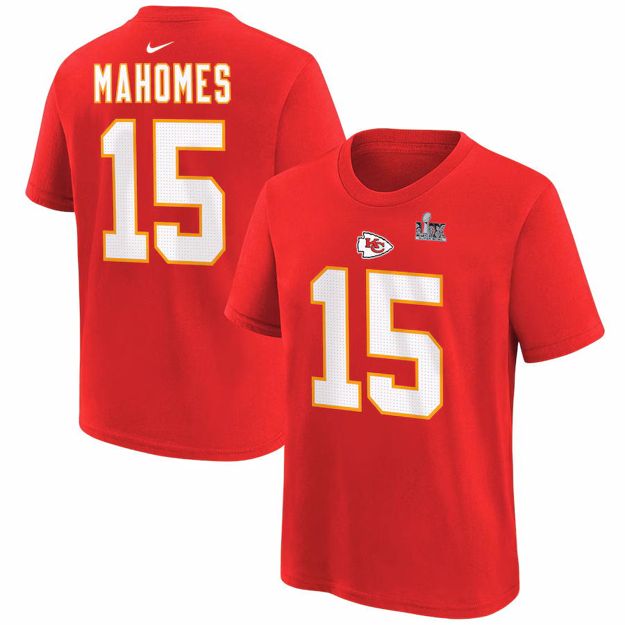 Youth Kansas City Chiefs Patrick Mahomes Nike Red Super Bowl LIX Player Name & Number T-Shirt - Jersey
