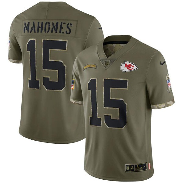 Men's Kansas City Chiefs #15 Patrick Mahomes 2022 Olive Salute To Service Limited Stitched Jersey - Jersey
