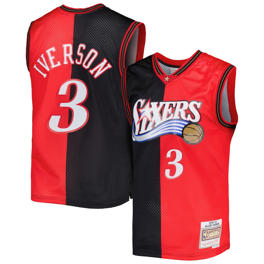 Men's Philadelphia 76ers Allen Iverson Mitchell & Ness Black/Red Hardwood Classics 2000/01 Split Swingman Jersey - Jersey