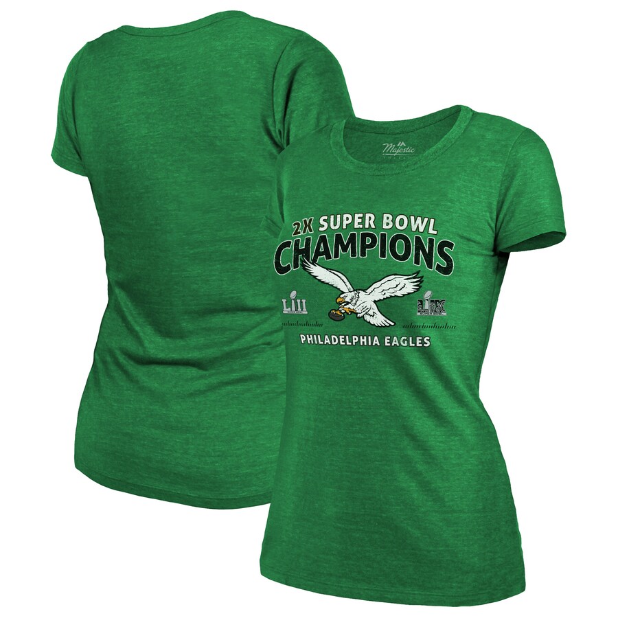 Women's Philadelphia Eagles  Majestic Threads Kelly Green Two-Time Super Bowl Champions Sky High Retro Tri-Blend T-Shirt - Jersey