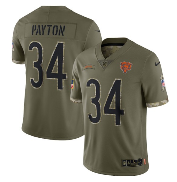 Men's Chicago Bears #34 Walter Payton 2022 Olive Salute To Service Limited Stitched Jersey - Jersey