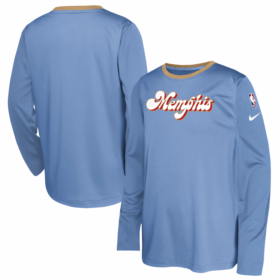 Youth Memphis Grizzlies  Nike Light Blue 2024/25 City Edition Pregame Performance Long Sleeve Shooting T-Shirt - Jersey