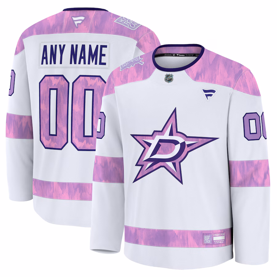 Men's Dallas Stars Fanatics White 2024 Hockey Fights Cancer Custom Practice Jersey - Jersey