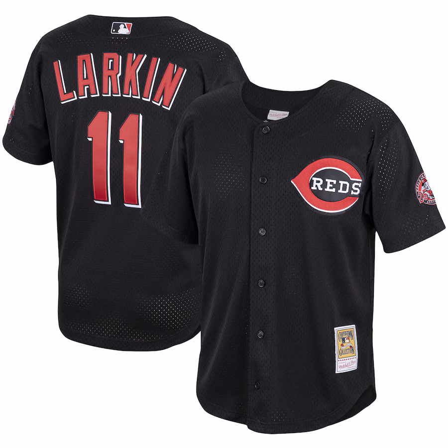 Men's Cincinnati Reds Barry Larkin Mitchell & Ness Black Cooperstown Collection Mesh Batting Practice Button-Up Jersey - Jersey