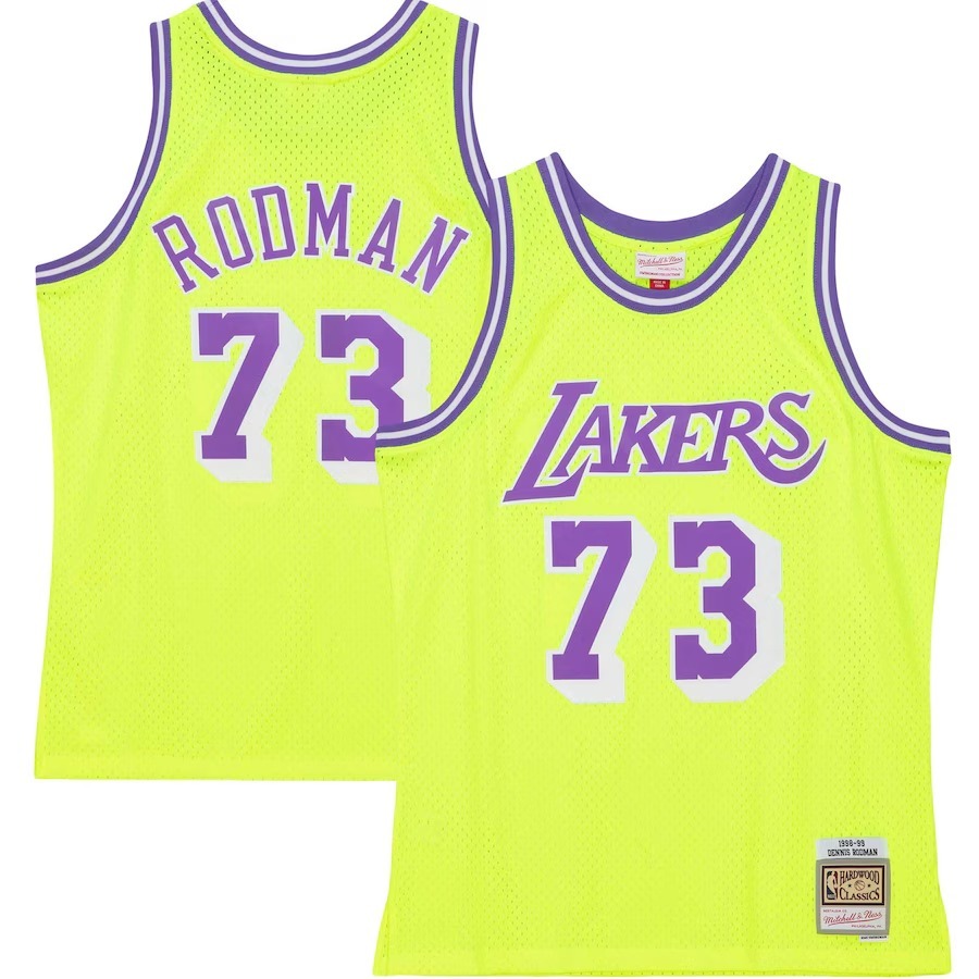 Men's Los Angeles Lakers Dennis Rodman Mitchell & Ness Neon Yellow Hardwood Classics 1998/99 Tropical Swingman Jersey - Jersey