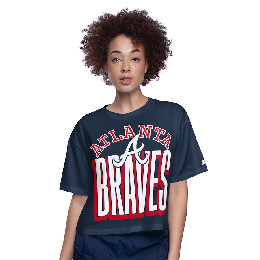 Women's Atlanta Braves Starter Navy Play the Ball Boxy Cropped T-Shirt - Jersey