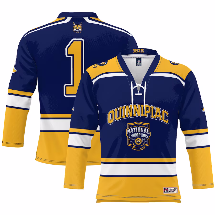 #1 Quinnipiac Bobcats GameDay Greats Youth 2023 NCAA Men's Ice Hockey National Champions Hockey Jersey - Navy - Jersey