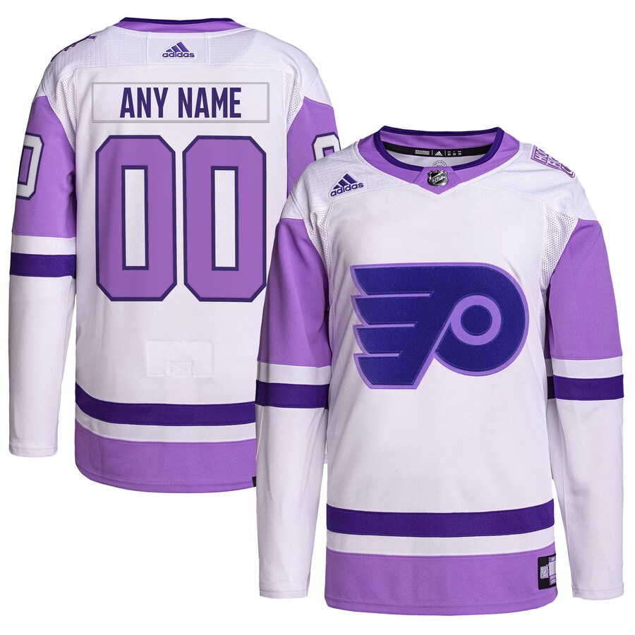 Men's Philadelphia Flyers adidas White/Purple Hockey Fights Cancer Primegreen Authentic Custom Jersey - Jersey