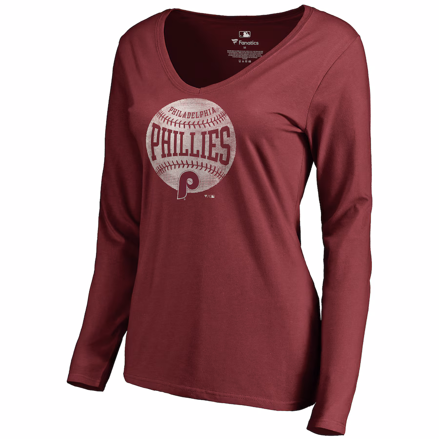 Women's Philadelphia Phillies Maroon Cooperstown Collection Slider Long Sleeve V-Neck T-Shirt - Jersey