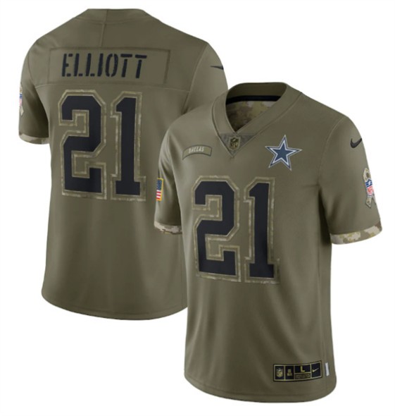 Men's Dallas Cowboys #21 Ezekiel Elliott 2022 Olive Salute To Service Limited Stitched Jersey - Jersey