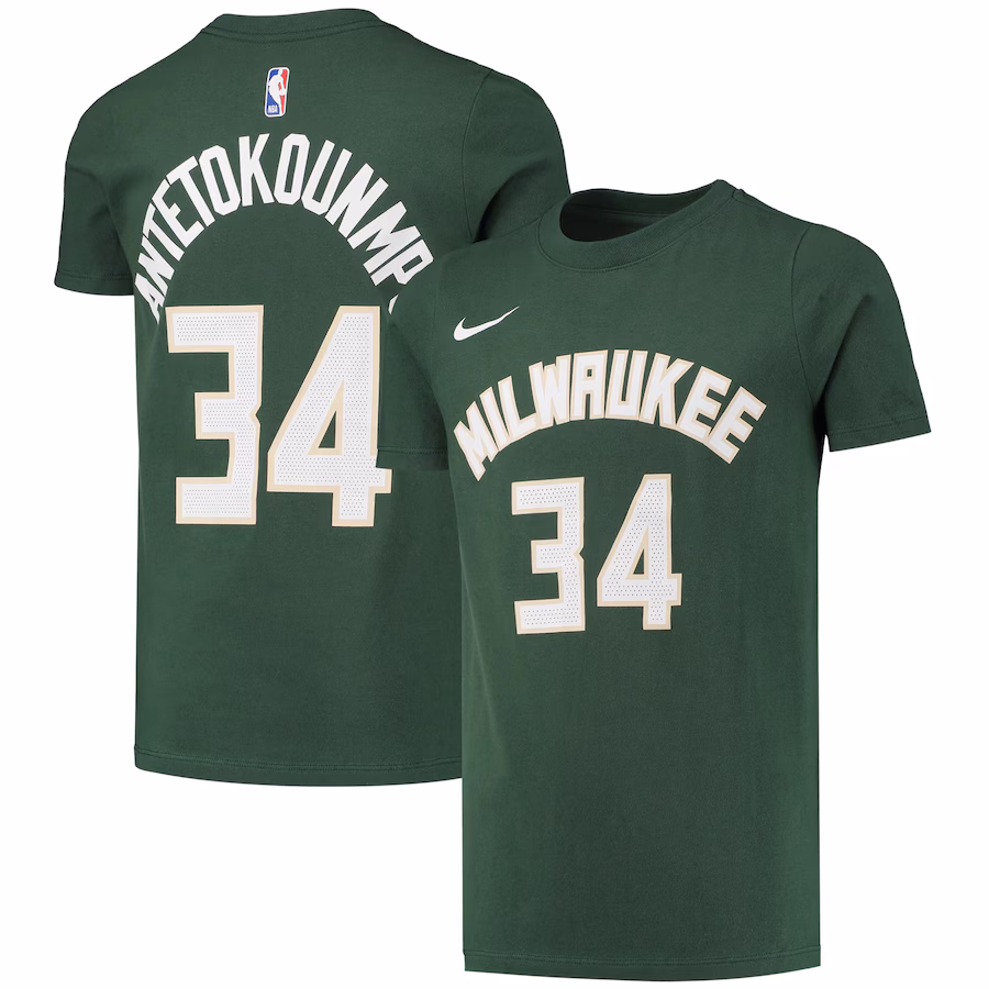 Youth Milwaukee Bucks Giannis Antetokounmpo Nike Hunter Green Logo Name & Number Performance T-Shirt - Jersey