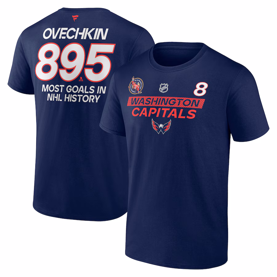 Men's Washington Capitals Alexander Ovechkin Navy NHL All-Time Leading Goal Scorer Name & Number T-Shirt - Jersey