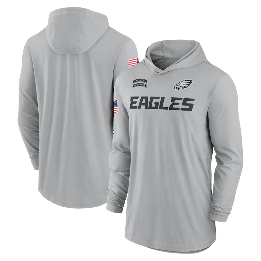Men's Philadelphia Eagles Nike Gray 2024 Salute to Service Lightweight Performance Long Sleeve Hooded T-Shirt - Jersey